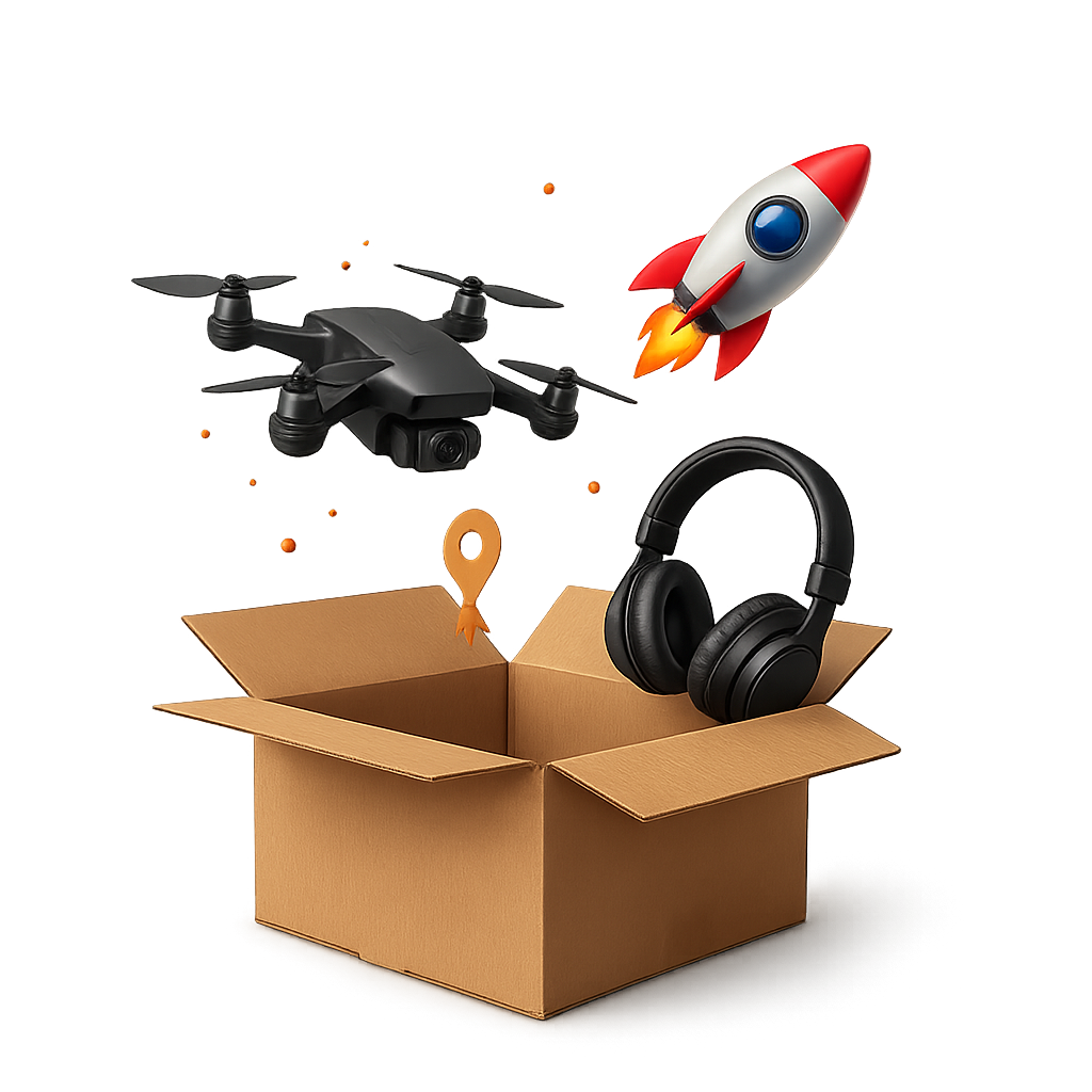 Caja abierta con dron, auriculares y juguetes saliendo